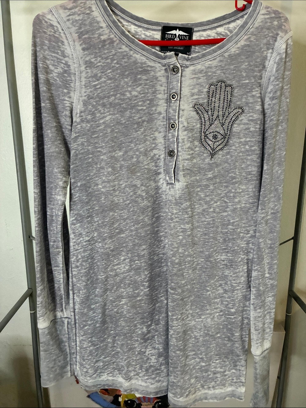 Bird Vine Women's Light Gray Long-Sleeve Henley Top with Embellished Hamsa